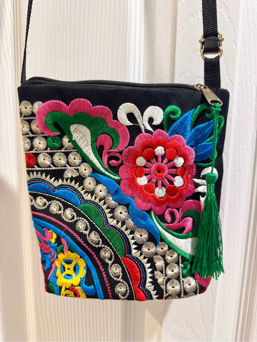 Embroidered Floral Crossbody Bag - Black with Multicolor Accents